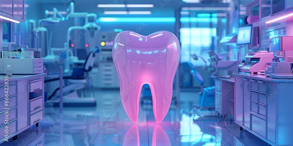 Futuristic Dental Clinic with Holographic Tooth Model and Advanced Equipment Futuristic Dental Clinic with Holographic Tooth Model and Advanced Equipment