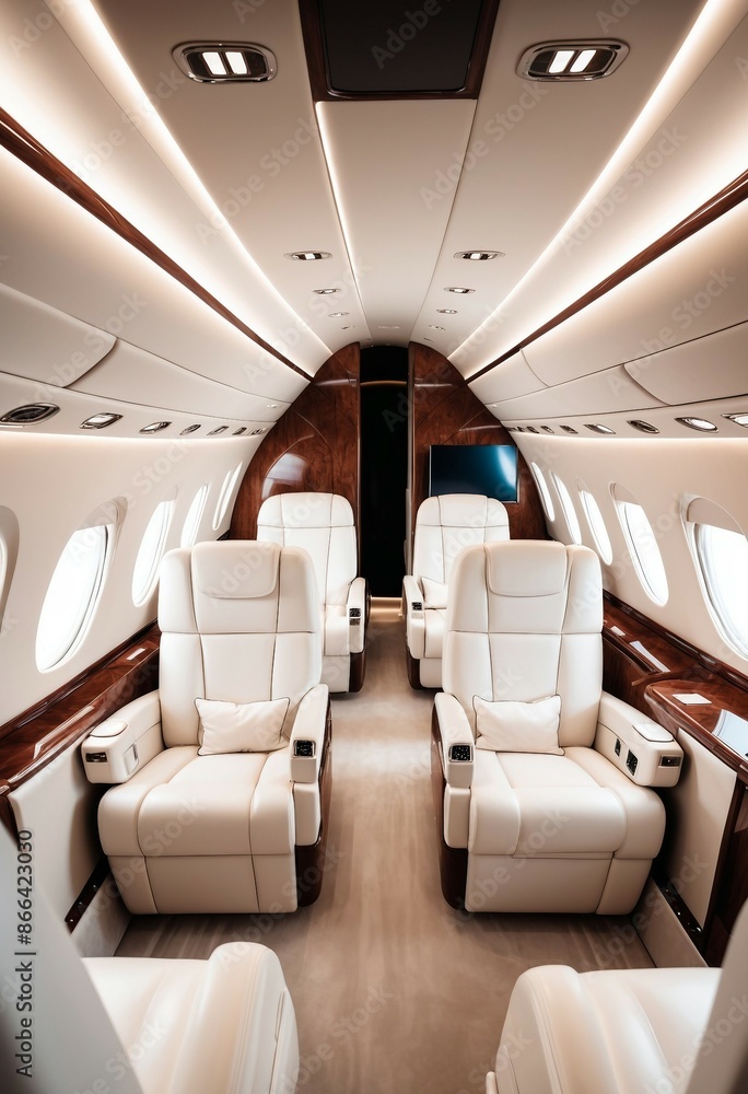 The inside of a private jet features luxurious design and glossy furnishings.
The inside of a private jet features luxurious design and glossy furnishings.