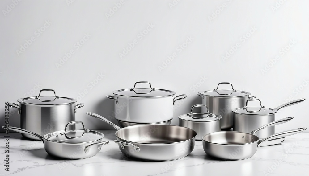 steel cookware and pan on white background, copy space for text, ad shot.
steel cookware and pan on white background, copy space for text, ad shot.