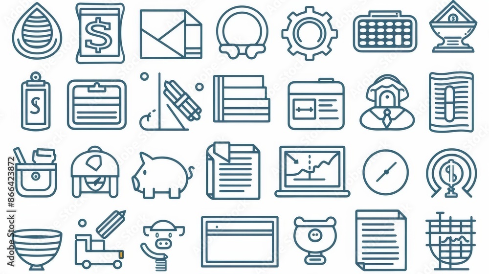A collection of various business-related icons and symbols illustrated in blue outlines, representing different aspects of business and office environments. A collection of various business-related icons and symbols illustrated in blue outlines, representing different aspects of business and office environments.