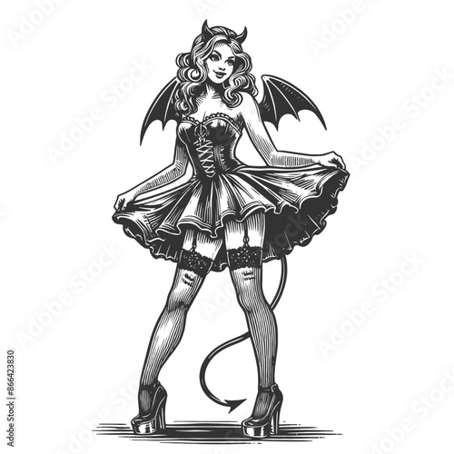 fantasy devil woman in two poses sketch engraving generative ai fictional character vector illustration. Scratch board imitation. Black and white image.