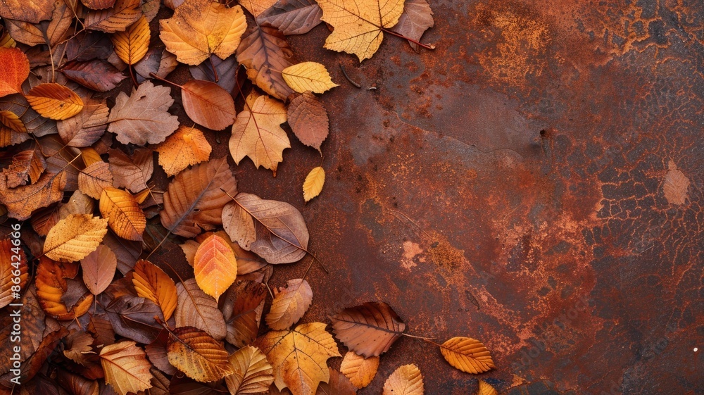 Autumn leaves lying on rusted metal surface Autumn leaves lying on rusted metal surface