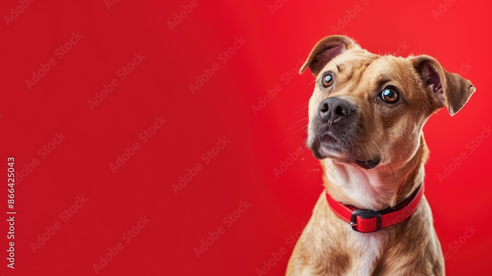 Brown dog with red collar looks up against background Brown dog with red collar looks up against background
