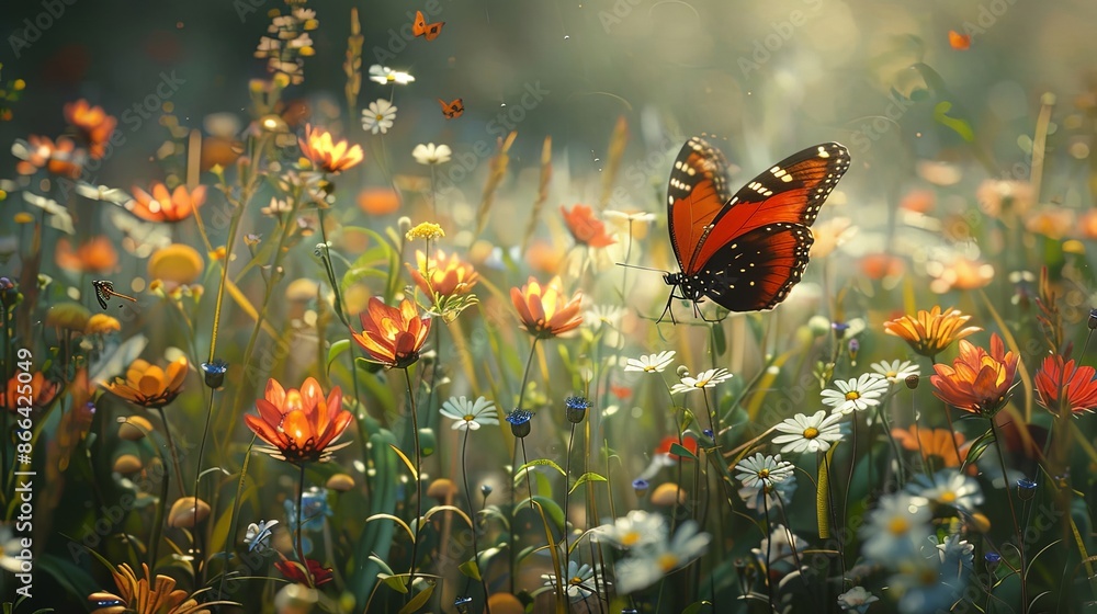 A vibrant butterfly hovering over diverse wildflowers in a sunlit meadow, creating a scene full of life and natural beauty, perfect for nature lovers and flower enthusiasts. A vibrant butterfly hovering over diverse wildflowers in a sunlit meadow, creating a scene full of life and natural beauty, perfect for nature lovers and flower enthusiasts.