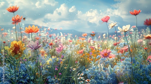 Bright and open meadow teeming with colorful spring flowers and busy bees, featuring the serenity and freshness of nature’s renewal in a panoramic vista. photo