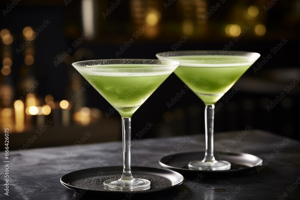 Glasses with the trendy martini matcha cocktail on the table in the bar. Glasses with the trendy martini matcha cocktail on the table in the bar.