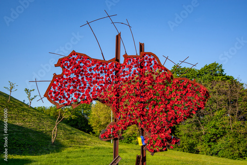 KIEV, UKRAINE - MAY 27, 2017: The contour of the country Ukraine is made of poppy flowers in memory of the second world war