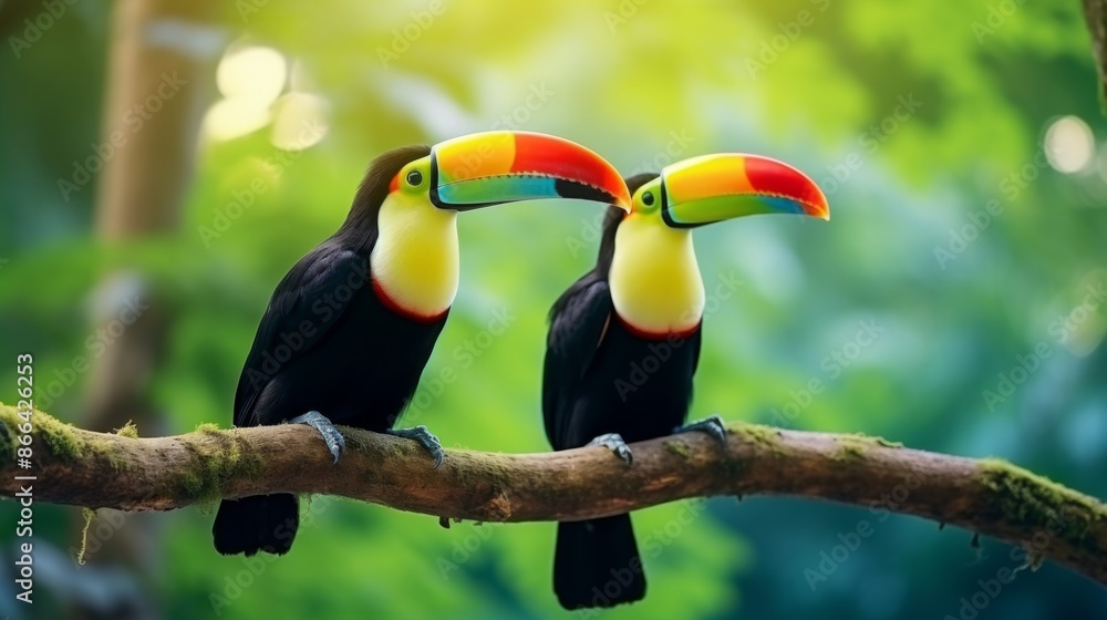 This image displays two strikingly colorful toucans sitting side by side on a branch, surrounded by the vivid green foliage of a tropical rainforest, bathed in soft diffused light. This image displays two strikingly colorful toucans sitting side by side on a branch, surrounded by the vivid green foliage of a tropical rainforest, bathed in soft diffused light.