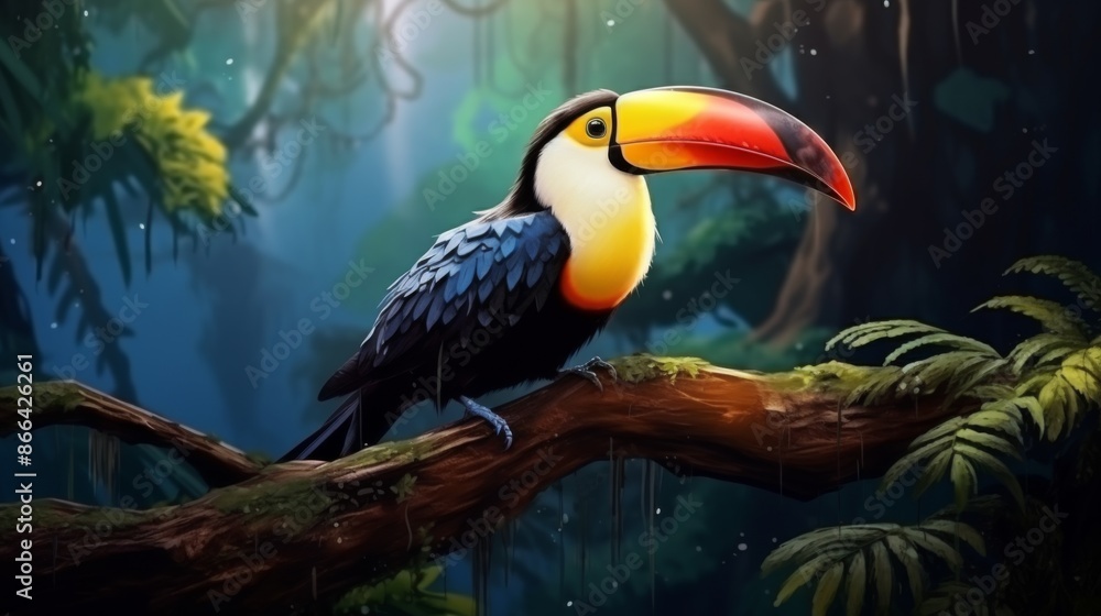 Obraz premium The image showcases a lone toucan with strikingly bright coloration perched on a moss-covered branch against the backdrop of a dimly lit yet enchanting rainforest environment.