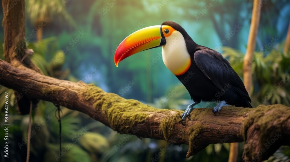 Fototapeta premium A single toucan with a vividly colored beak is captured in this image, perched on a moss-covered branch, against a backdrop of deep green forest, embodying serene wild beauty.