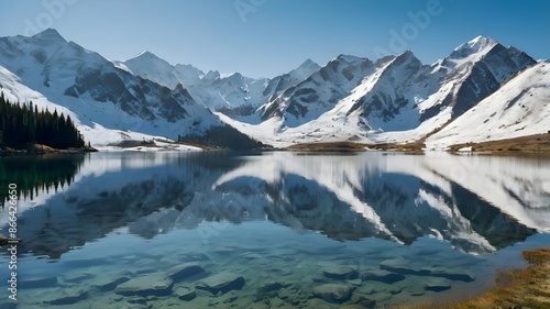 A majestic mountain range with snowcapped peaks