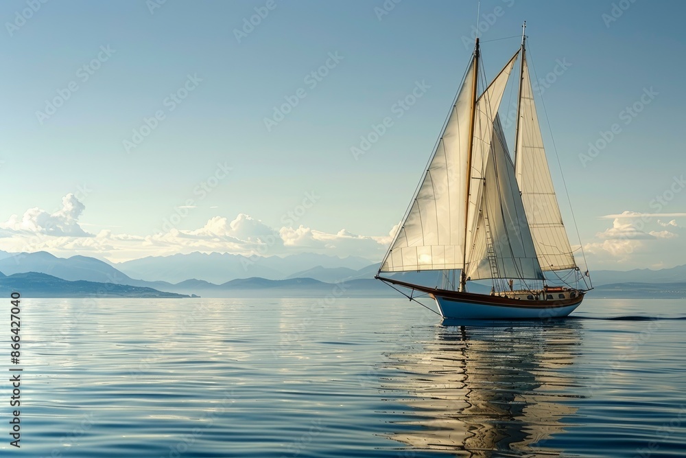 Fototapeta premium Tranquil and serene sailing at sunset on a luxury sailboat with the calm waters reflecting the golden hour light. Surrounded by the beautiful seascape and nature