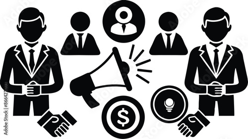 Business marketing icon set. Containing sponsor, agreement, donation, handshake, partnership, trust, money, social media, megaphone, campaign, purchase, donation. Vector illustration