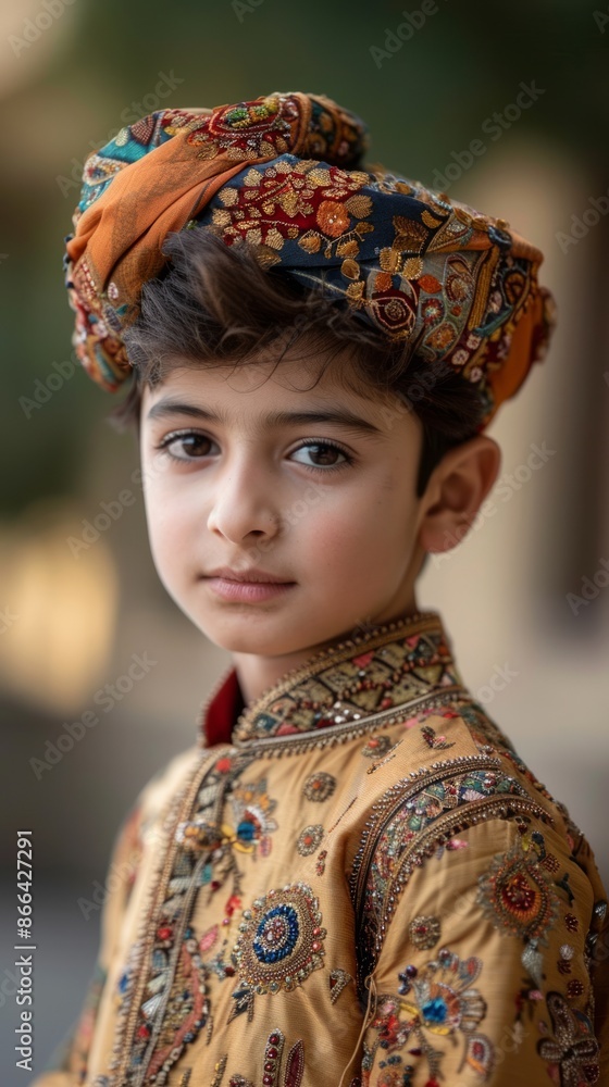 Fototapeta premium Close-up of a young Pakistani boy with traditional attire