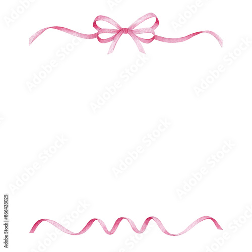 Pink ribbon bow frame, hand drawn watercolor illustration isolated on white background, template for greeting card or wedding invitation	
