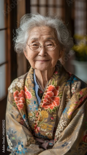 Japanese elderly woman with a gentle, wise smile