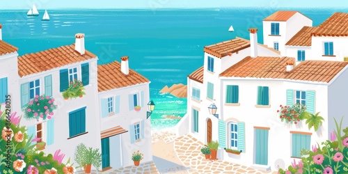 Illustration of a Mediterranean coastal village with white houses, terracotta roofs, and a clear blue sea. Idyllic summer vacation concept. © mashimara