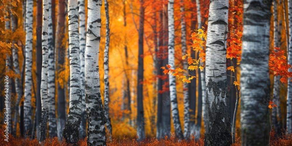 Naklejka premium Birch forest in autumn with vibrant red and orange foliage and contrasting white bark.