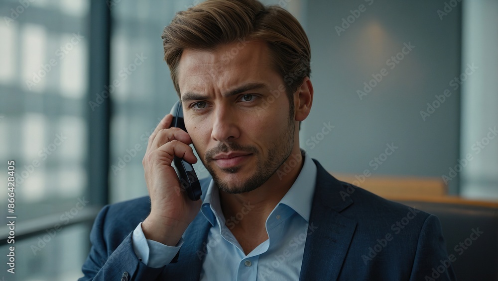 Handsome businessman phone calling, searching for informations in book Handsome businessman phone calling, searching for informations in book