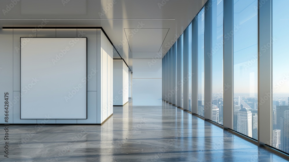 Modern glass office corridor interior with blank mock up place on wall Modern glass office corridor interior with blank mock up place on wall