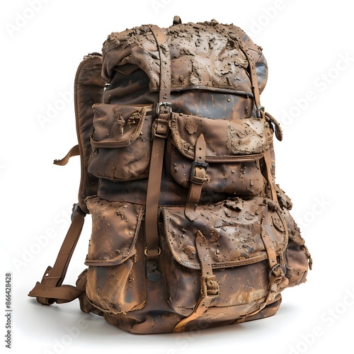 Rugged and Practical Mud Covered Hiking Backpack with Detailed Texture on White Background photo