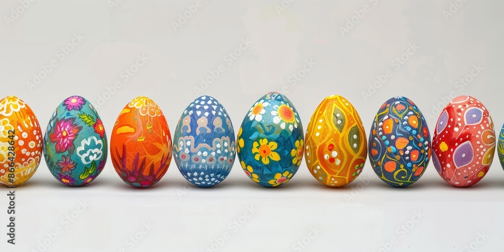 Brightly Colored Easter Eggs with Intricate Patterns and Floral Designs Brightly Colored Easter Eggs with Intricate Patterns and Floral Designs