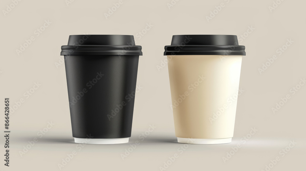 3D paper or plastic tea and coffee disposable cups with white and black lids. Stock vector illustration. Design template. Front view. 3D paper or plastic tea and coffee disposable cups with white and black lids. Stock vector illustration. Design template. Front view.