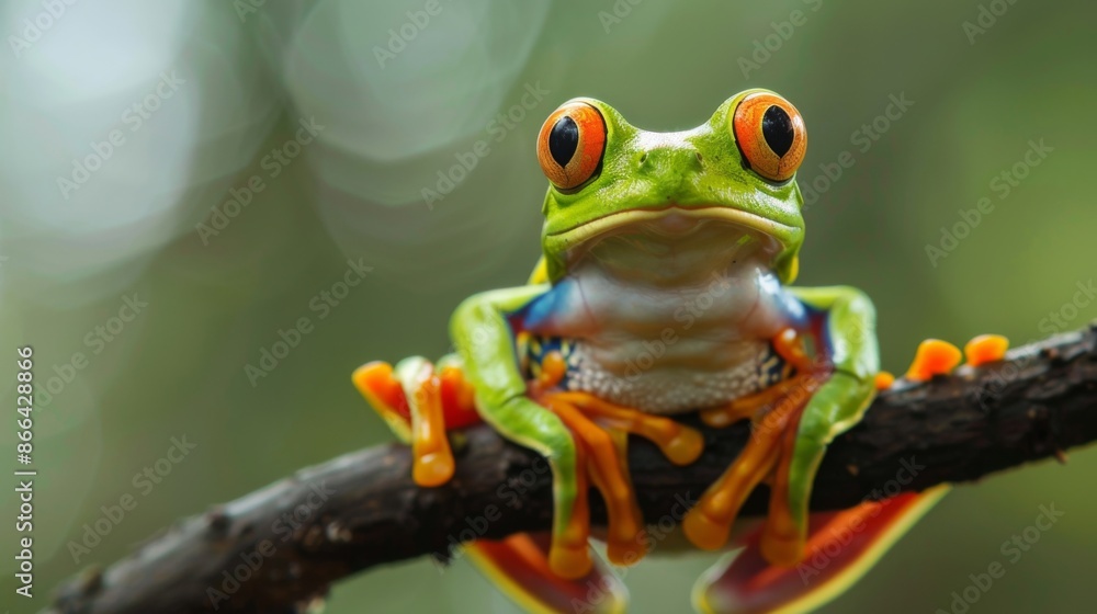 A striking red-eyed tree frog showcases its vibrant green, orange, and blue colors while facing the camera, sitting on a branch in the lush, tropical rainforest. A striking red-eyed tree frog showcases its vibrant green, orange, and blue colors while facing the camera, sitting on a branch in the lush, tropical rainforest.
