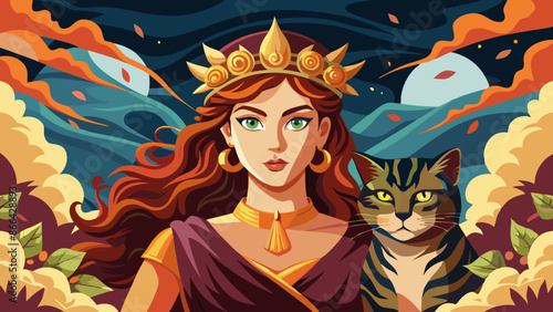 the goddess Persephone with tortoiseshell cat, epic, powerful, fantasy, portrait photo