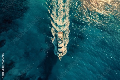 Aerial view of a white luxury yacht cruising on the vast blue ocean with waves trailing behind