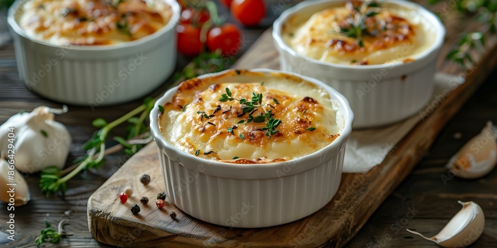 Ramekins of gratin dauphinois displayed on a rustic wooden board. Concept French Cuisine, Gratin Dauphinois, Food Styling, Rustic Presentation Ramekins of gratin dauphinois displayed on a rustic wooden board. Concept French Cuisine, Gratin Dauphinois, Food Styling, Rustic Presentation