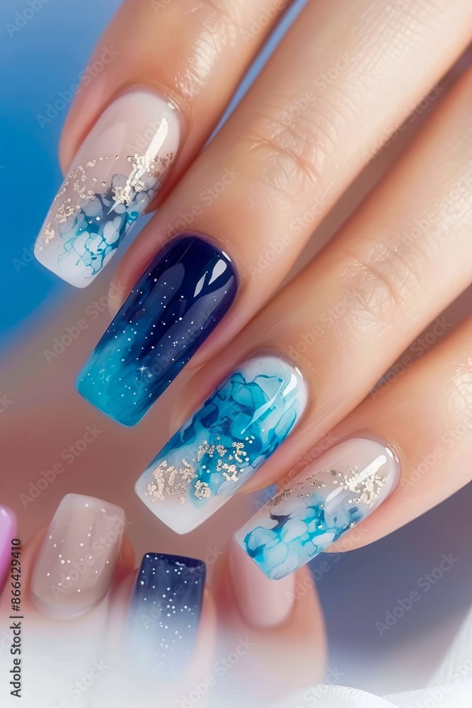 Obraz premium A woman's hand with blue and white nail art.