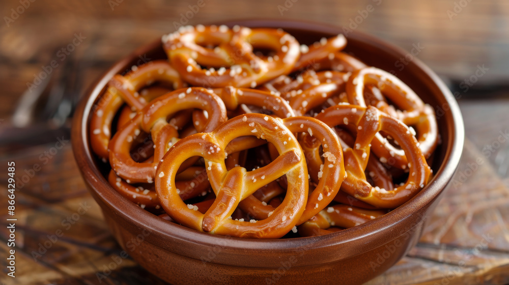 Bite-sized pretzels in a bowl. Crispy and salty, they make a perfect snack on their own or with a dip. Bite-sized pretzels in a bowl. Crispy and salty, they make a perfect snack on their own or with a dip.