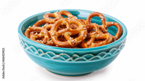 Bite-sized pretzels in a bowl. Crispy and salty, they make a perfect snack on their own or with a dip.