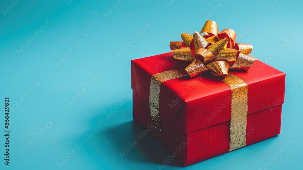 Obraz premium Red gift box with gold ribbon on blue background