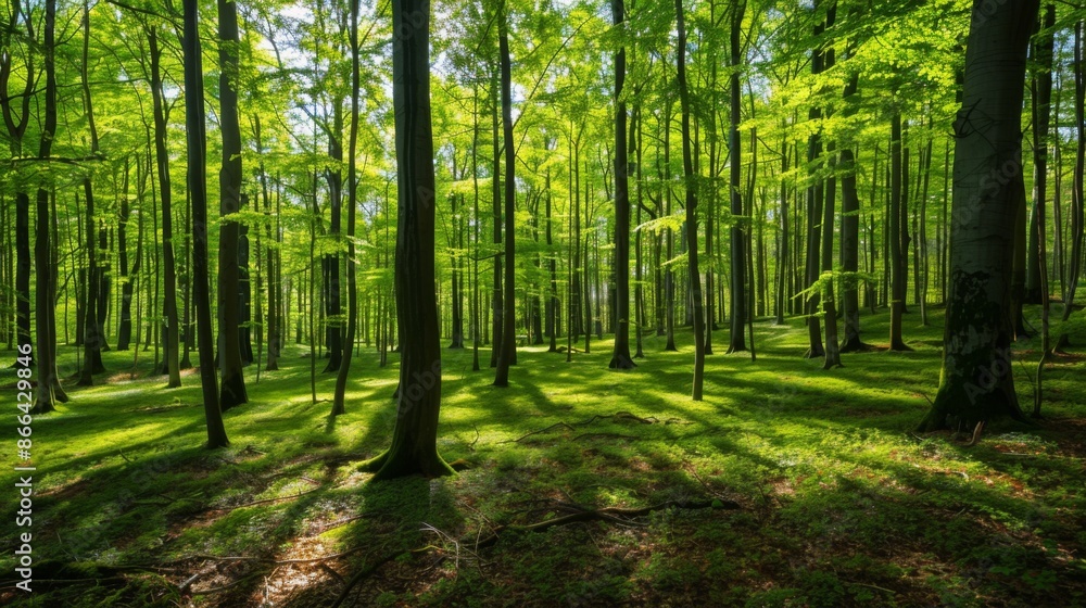 Naklejka premium Lush and bright forest canopy, with radiant green leaves and branches extending in the sunlight, creating a refreshing and vibrant atmosphere full of life and energy.