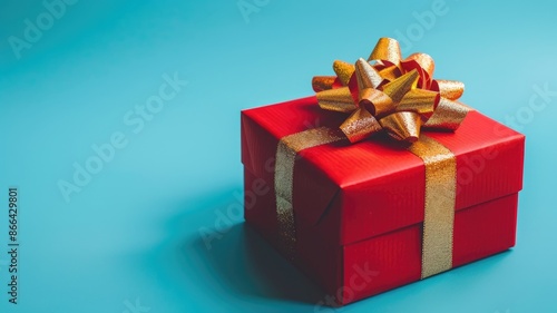 Red gift box with gold ribbon on blue background