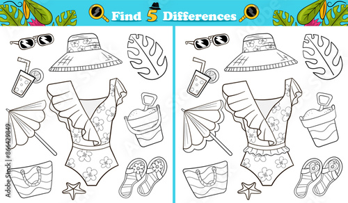 Coloring page find 5 differences game for children with summer themed objects