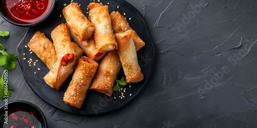 Filipino Lumpiang Shanghai small egg rolls filled with pork and vegetables. Concept Filipino Cuisine, Lumpiang Shanghai, Egg rolls, Pork and Vegetables, Appetizer photo