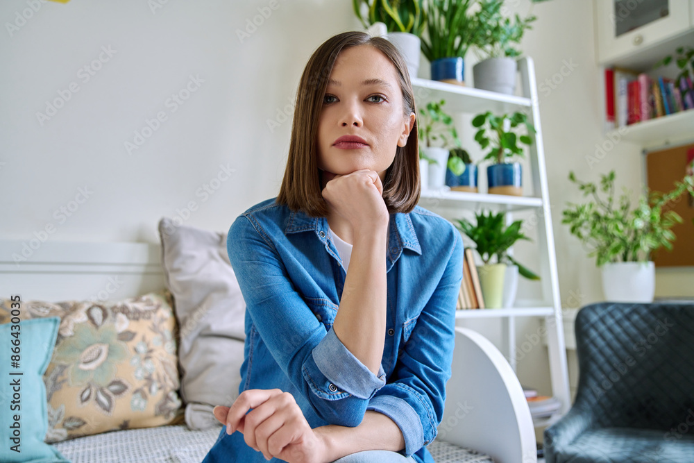 Web cam view of young attractive woman talking in home interior Web cam view of young attractive woman talking in home interior