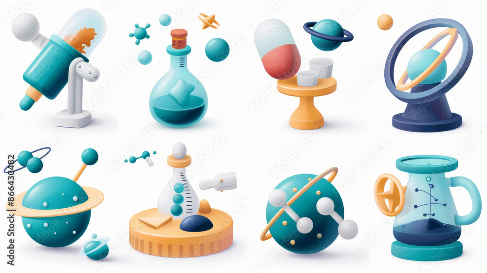 Icons illustrating science in 3D format, covering astronomy, physics, chemistry, and biology. Icons illustrating science in 3D format, covering astronomy, physics, chemistry, and biology.