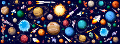 Background design with many planets in space illustration. Space icon set and astronaut