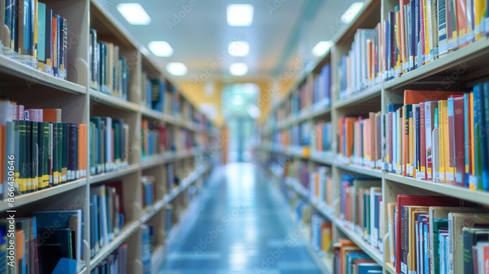 Long aisle of bookshelves filled with books in a library, education, knowledge and learning concept. Long aisle of bookshelves filled with books in a library, education, knowledge and learning concept.