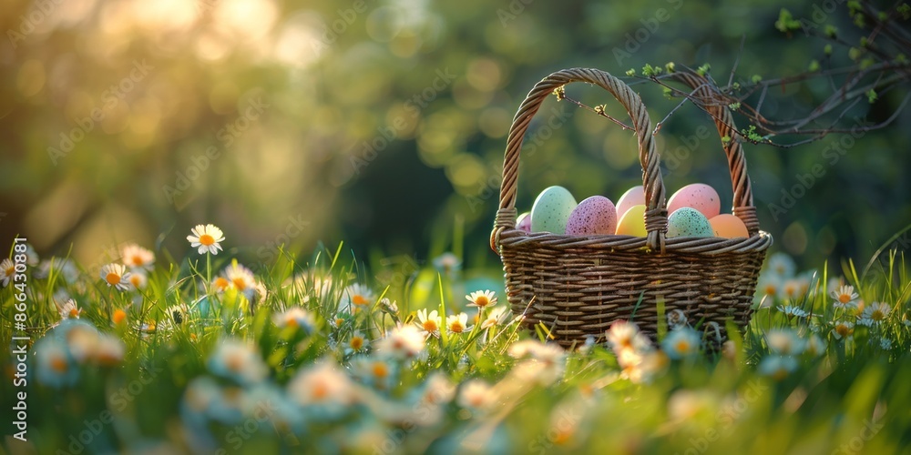 Easter Basket in Blooming Spring Meadow at Sunrise Glowing with Soft Light and Colorful Eggs Easter Basket in Blooming Spring Meadow at Sunrise Glowing with Soft Light and Colorful Eggs