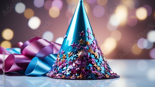 A shiny blue party cap with multi-colored streamers curling around it, isolated on a crisp white solid background