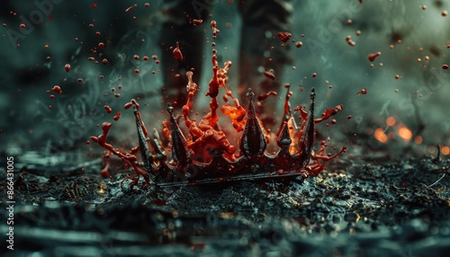 A fallen crown in a pool of blood at the knight's feet. The fall of the evil criminal empire of the king. photo