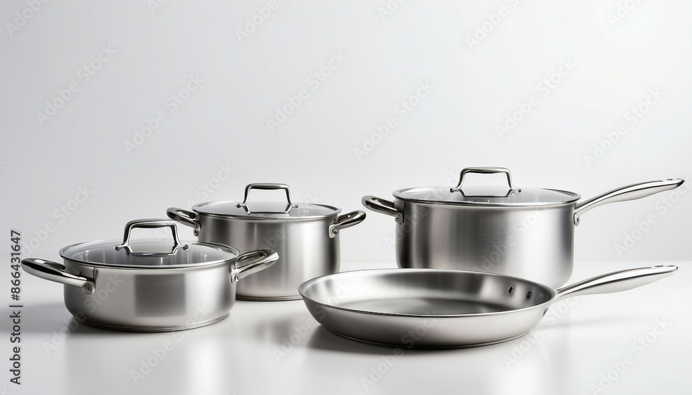 steel cookware and pan on white background, copy space for text, ad shot. steel cookware and pan on white background, copy space for text, ad shot.