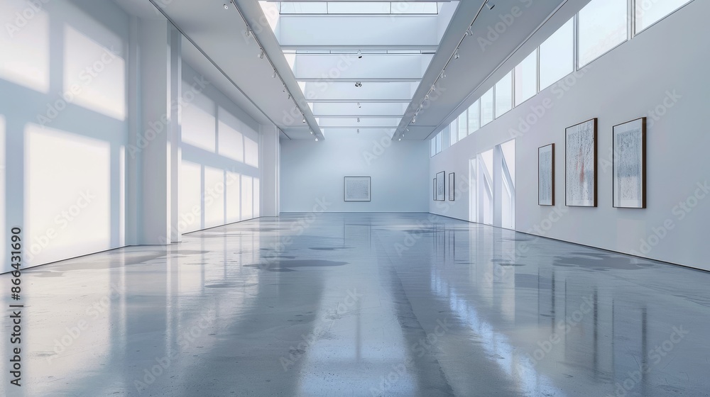 Empty art gallery with white walls and sunlight streaming through large windows. Minimalist interior design with polished concrete floor. Concept of modern art space and exhibition. Empty art gallery with white walls and sunlight streaming through large windows. Minimalist interior design with polished concrete floor. Concept of modern art space and exhibition.