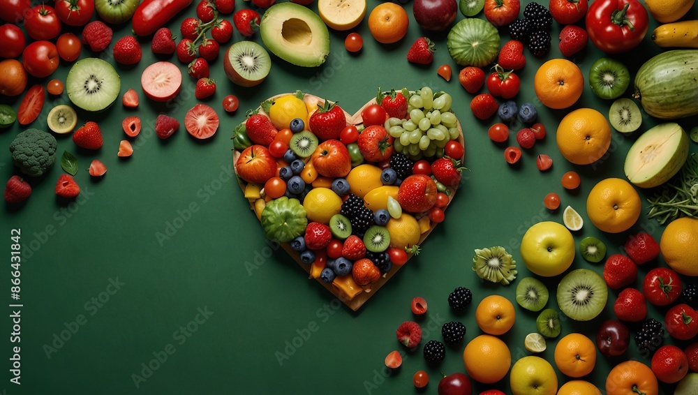 Heart shape made from various fresh fruits and vegetables on green background Heart shape made from various fresh fruits and vegetables on green background
