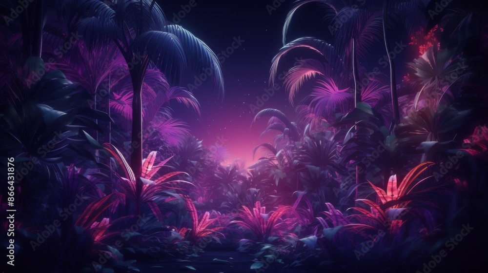 A magical night in a tropical garden reveals glowing pink neon plants, spreading an otherworldly and enchanting ambiance, perfect for a dreamlike escape. A magical night in a tropical garden reveals glowing pink neon plants, spreading an otherworldly and enchanting ambiance, perfect for a dreamlike escape.